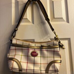 Coach Red and Green Shoulder Bag with Plaid Pattern